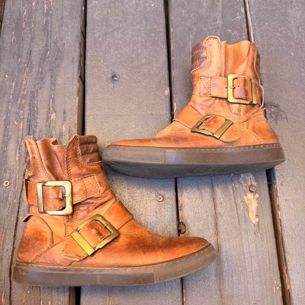 Cognac brown leather biker boots with gold buckles
